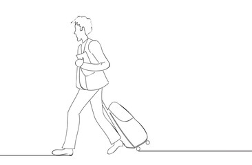 Businessman walking with travel suitcase and holding folder. For web site, ad, marketing, poster, travel agency and magazine. Creative business concept, vector illustration