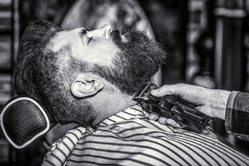 Barber works with a beard clipper. Hipster client getting haircut. Hands of a hairdresser with a beard clipper, closeup. Black and white - obrazy, fototapety, plakaty