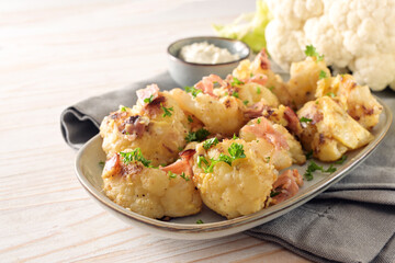Roasted cauliflower florets with egg and ham on a gray plate and curd dip on a napkin and a wooden table, healthy vegetable meal for a low carb diet, copy space, selected focus,