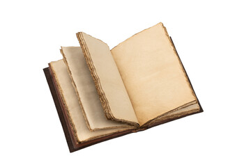 An open empty old notebook isolated on a white background.
