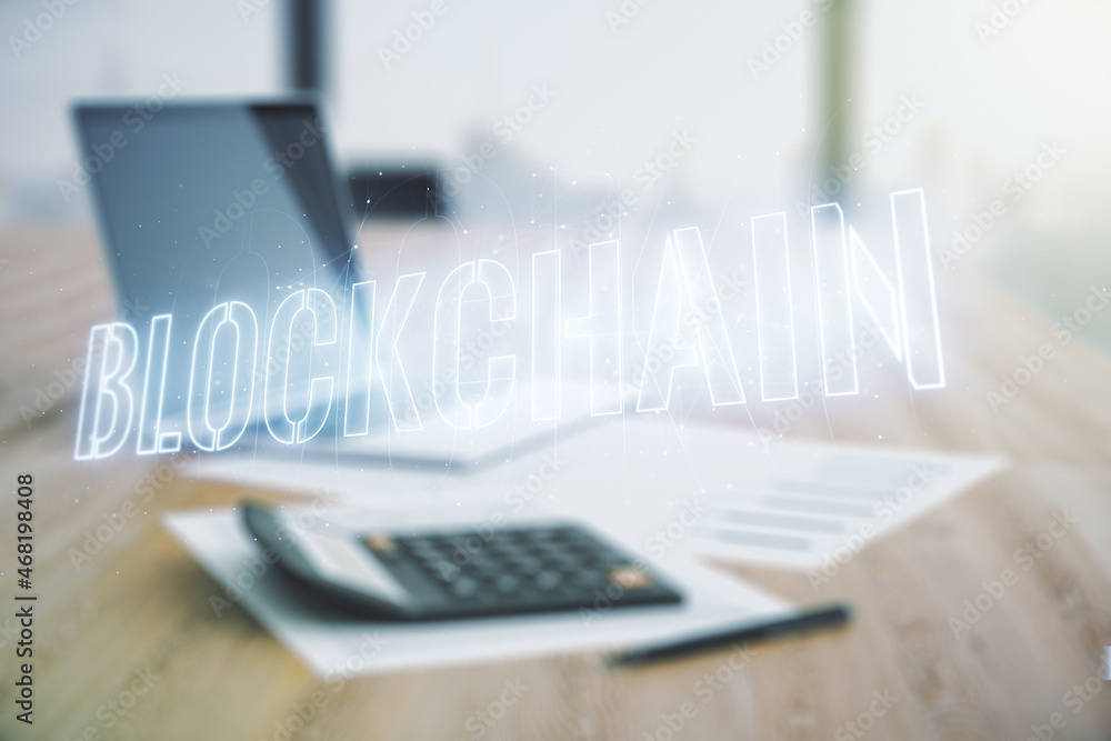 Poster abstract virtual blockchain technology hologram on calculator and laptop background. digital money t