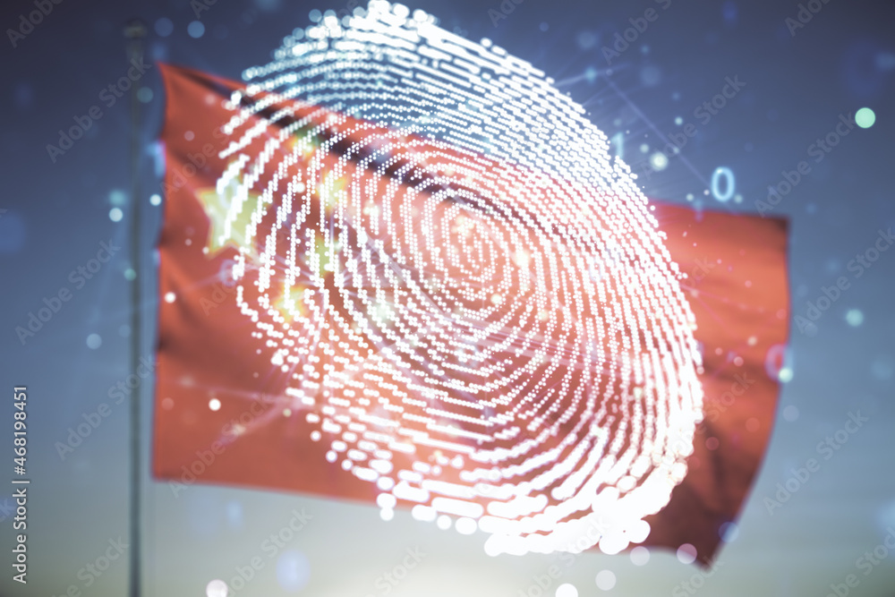 Poster Multi exposure of virtual fingerprint scan interface on flag of China and blue sky background, digital access concept