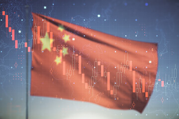 Abstract virtual global crisis chart and world map sketch on Chinese flag and sunset sky...