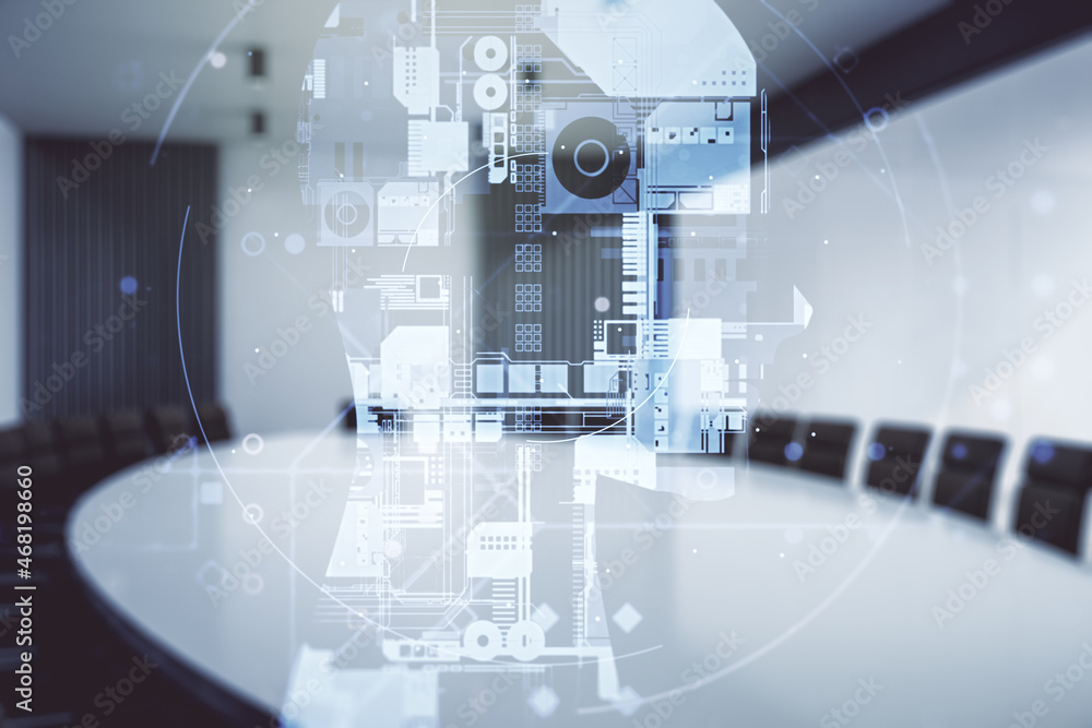 Poster double exposure of creative artificial intelligence hologram on a modern meeting room background. ne