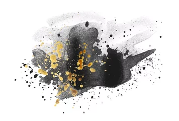 Zelfklevend Fotobehang Watercolor and ink flow blot with drops splash. Abstract texture black and gold color stain white background. © Liliia