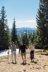 Three friends of tourists in casual clothes went for a walk in the mountains. Young people on a hike walking on a trail in the mountains, active recreation.