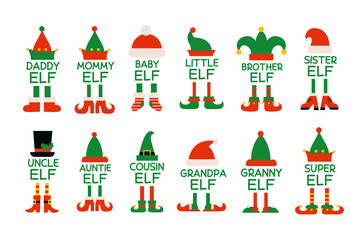 Cartoon elf family isolated Christmas monograms. Elf or gnome hat and shoes. Brother elf, sister, mommy, daddy. Baby elf. Isolated vector illustrations - obrazy, fototapety, plakaty