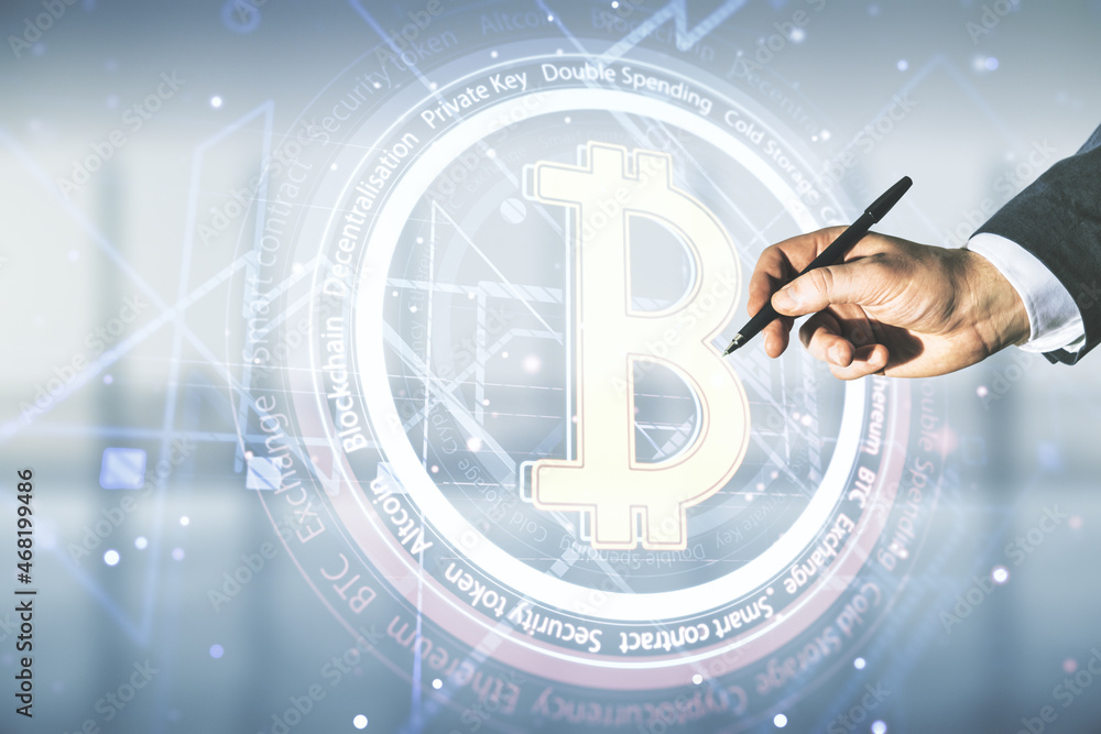 Aufkleber man hand with pen working with virtual bitcoin sketch on blurred office background. double exposure