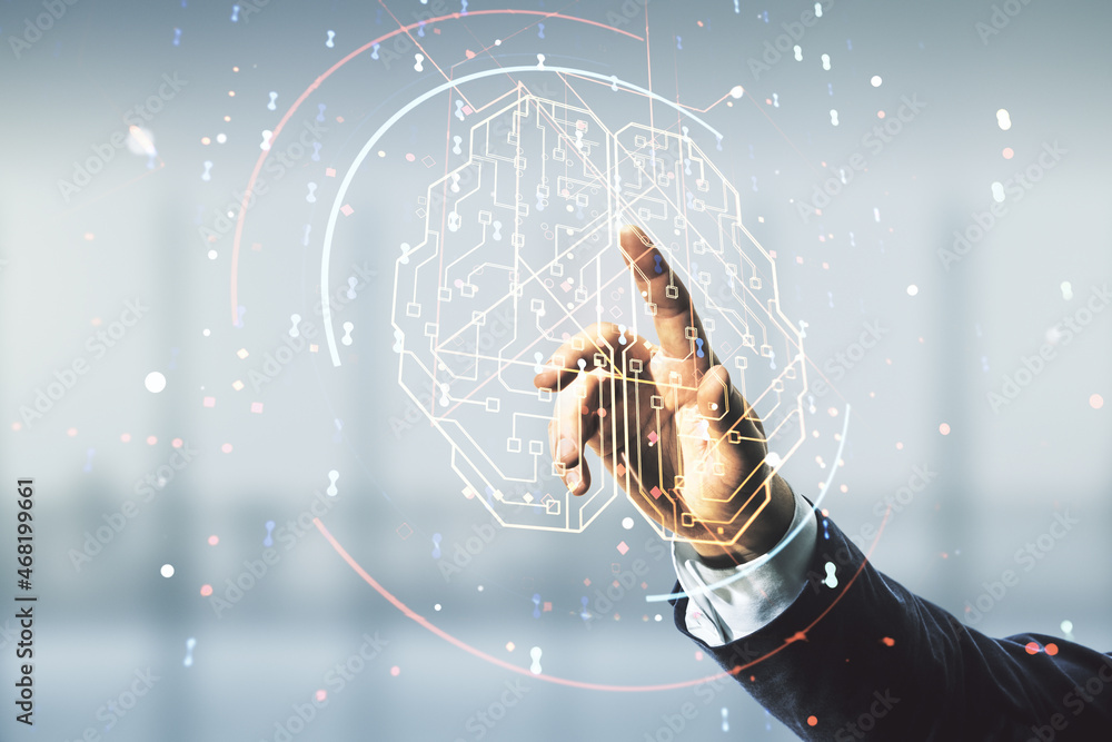 Aufkleber man hand working with virtual creative artificial intelligence hologram with human brain sketch on b