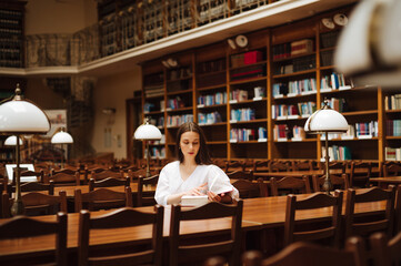 Woman in a white shirt reads a book in the city's atmospheric library at a table with a serious face. Female student is preparing in the library reading books.