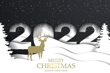 Merry Christmas greeting card illustration. Paper cut number 2022, deer and with winter forest landscape