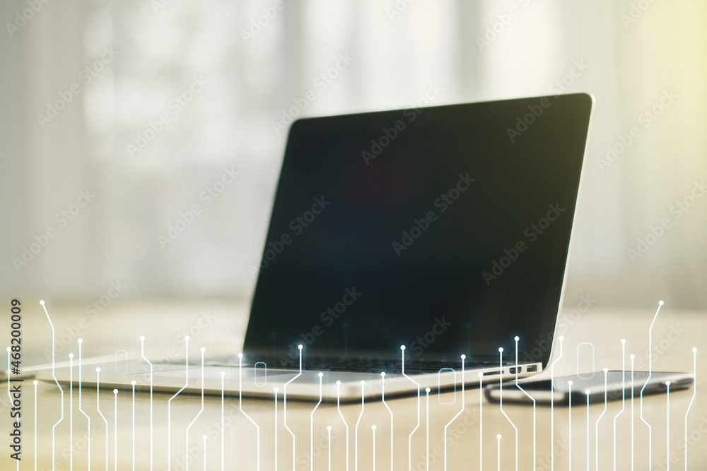 Poster Creative abstract micro circuit sketch on modern laptop background, future technology and AI concept. Double exposure