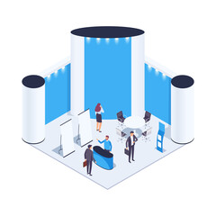 Isometric exhibition hall. Isometric exhibition hall with people. 3d promotional stands. Exposition booth. Blank mockup. Vector illustration.