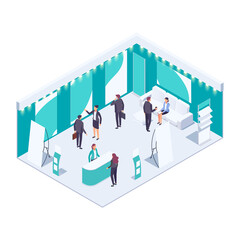 Isometric exhibition hall. Isometric exhibition hall with people. 3d promotional stands. Exposition booth. Blank mockup. Vector illustration. - obrazy, fototapety, plakaty
