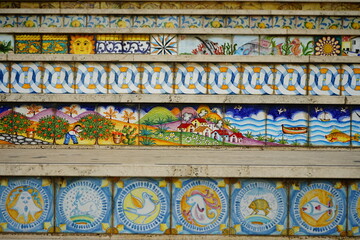 Typical sicilian painted majolica over the stairs - obrazy, fototapety, plakaty