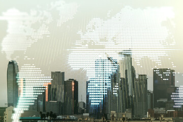Fototapeta na wymiar Multi exposure of abstract creative digital world map hologram on Los Angeles city skyline background, tourism and traveling concept