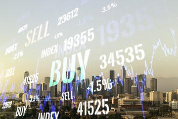 Multi exposure of virtual abstract financial graph interface on Los Angeles cityscape background, financial and trading concept