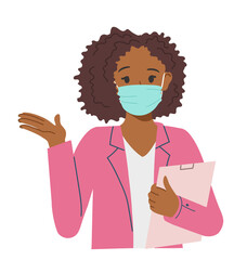 Pretty African-American girl in a protective mask makes an offer to business clients, explains something.