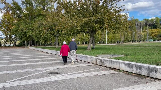 Elderly Couple Walking Backwards Through A Park In Autumn