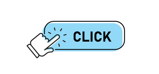 Click here button with linear hand clicking icon. Pointer call to action.