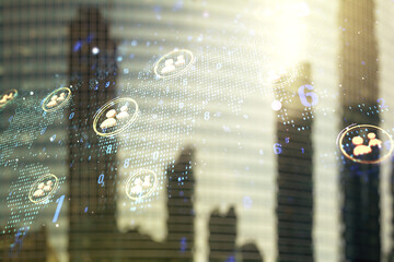 Double exposure of social network icons interface and world map on blurry cityscape background. Networking concept