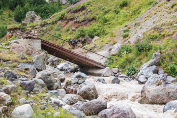 Close-up of a large turbulent flow of water in the river. A mountain river carries its waters...