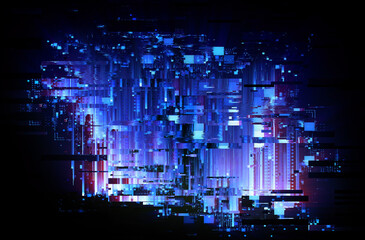 Vivid digital cyber board. Glowing energy blocks..Shining empty space. Magic neon forms. Shape of light..Led platform on arena. Colorful dynamic lines. Fantasy ui..Glint bright scene. Futuristic hud