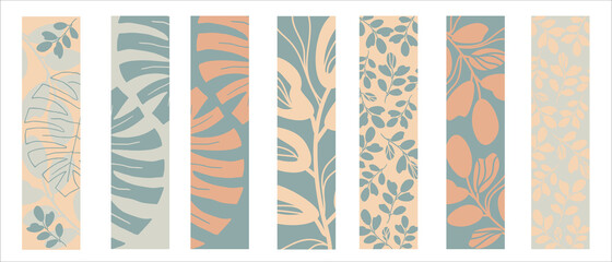 Set of vector bookmarks. Abstract tropical leaves and branches . Design in pastel colors. Can be used background, banner.	