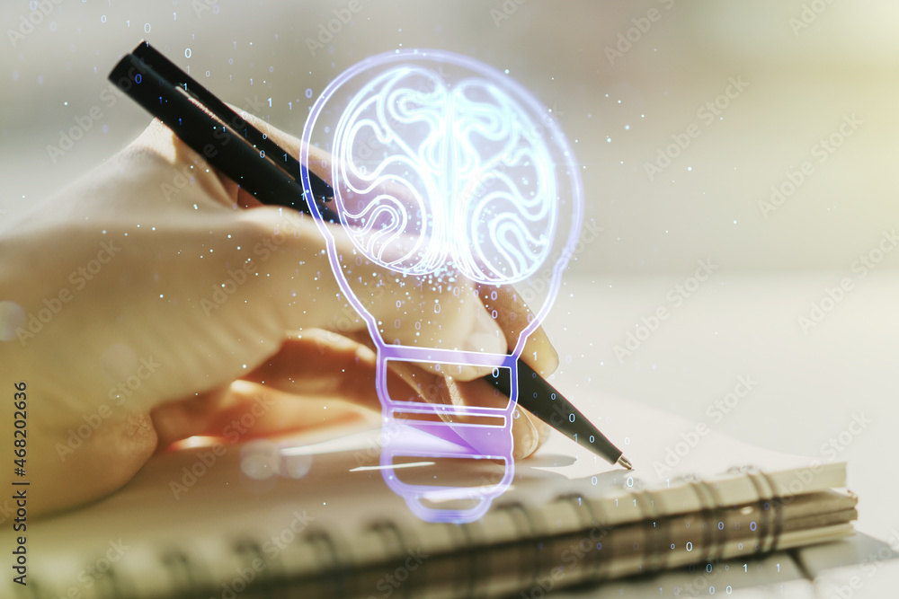 Poster creative idea concept with light bulb and human brain illustration and with woman hand writing in no