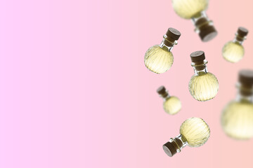 Aromatic cosmetic oil bottles flying on pink gradient background with copy space