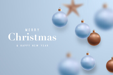 Merry Christmas and Happy New Year light blue background. Realistic hanging balls and star. Christmas balls motion blur effect. Template for banner, web sites, party invitation, sale and social media.