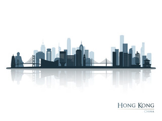 Hong Kong skyline silhouette with reflection. Landscape Hong Kong, China. Vector illustration.