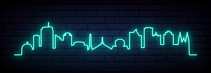 Blue neon skyline of Minsk. Bright Minsk City long banner. Vector illustration.