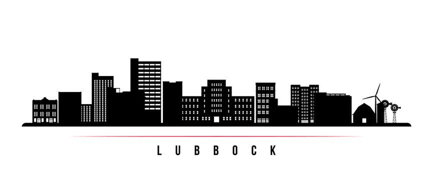 Lubbock skyline horizontal banner. Black and white silhouette of Lubbock, Texas. Vector template for your design.