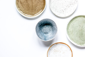 ceramic tableware top view on white background mock up