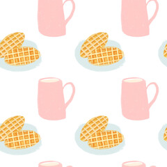 Seamless pattern with pink cup and waffles illustration on a white background