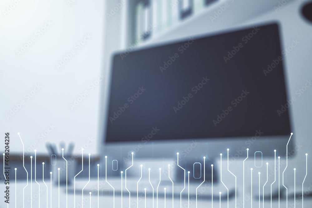 Poster Creative abstract micro chip hologram and modern desktop with pc on background, artificial intelligence and machine learning concept. Multi exposure