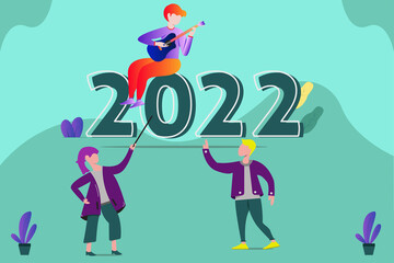 Background vector illustration. two people scolding a child playing guitar above 2022, Landing page site print poster. Colorful vector illustration