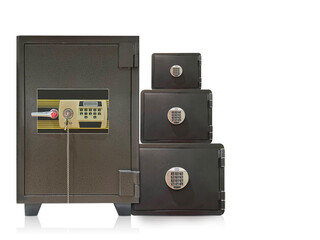 front view four steel save box on white background, object, furniture, money, copy space