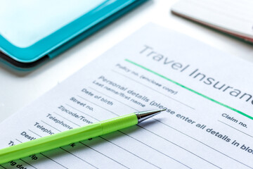 Obraz premium booking travel concept with insurance on table background