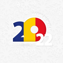Happy New Year 2022 for Romania on snowflake background.
