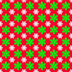 Seamless pattern with white and green snowflakes on red background. Christmas texture. Design mockup. Holiday concept. Poster wallpaper. Festive banner. Paper print template. New year greeting card