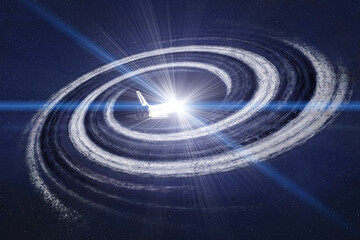 Fototapeta premium Journey into the black hole. Space shuttle flies straight into black holes singularity with lens flare. 3D render illustration. Elements of this image were furnished by NASA.
