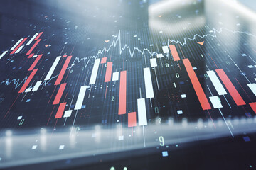 Economic crisis chart and world map hologram on blurry contemporary office building background, bankruptcy and recession concept. Multiexposure