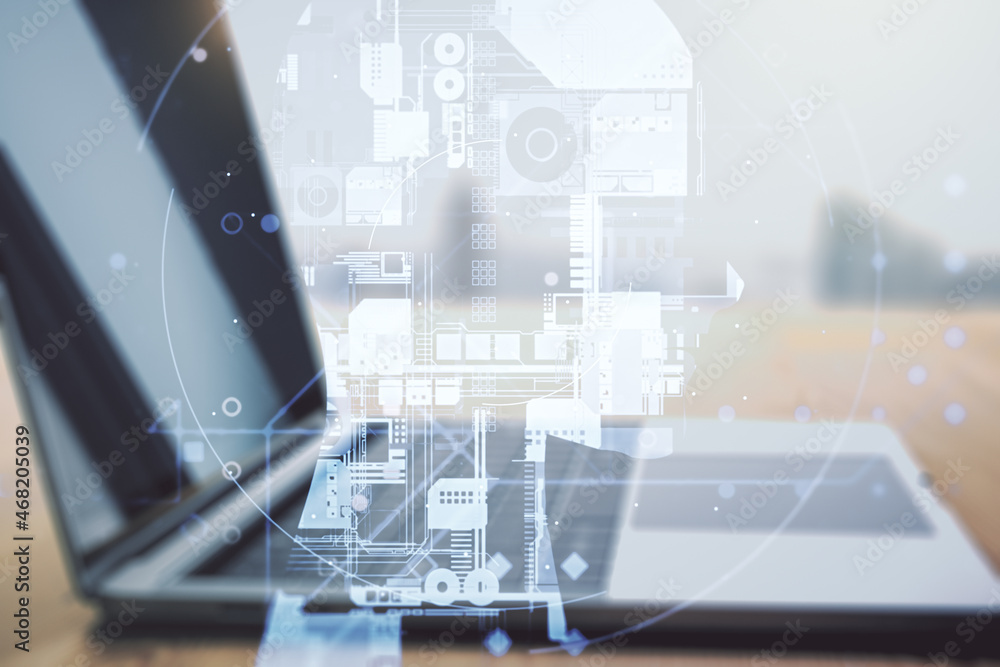 Aufkleber Double exposure of creative artificial Intelligence symbol with modern laptop on background. Neural networks and machine learning concept