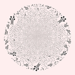 Circuit connectors explosion round cluster. Object pattern is organized from random circuit connectors design elements as burst round shape.