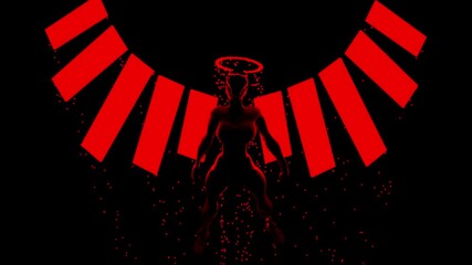 Red devil fighter from hell, angel of war with a halo around his head. Design. A creature with human body standing surrounded by red fire sparks and a garland on black background.