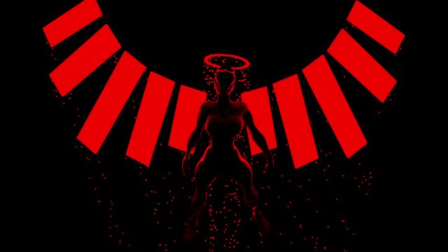 Red devil fighter from hell, angel of war with a halo around his head. Design. A creature with human body standing surrounded by red fire sparks and a garland on black background.