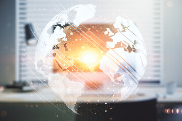 Abstract creative digital world map on modern computer background, globalization concept. Multiexposure