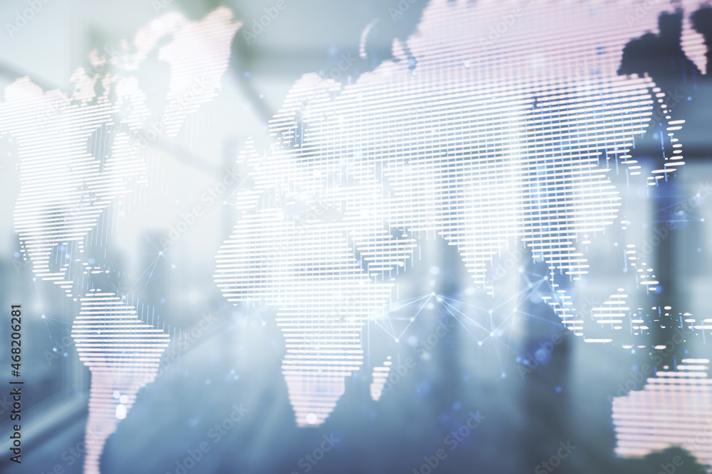 Aufkleber multi exposure of abstract graphic world map on modern interior background, big data and networking 